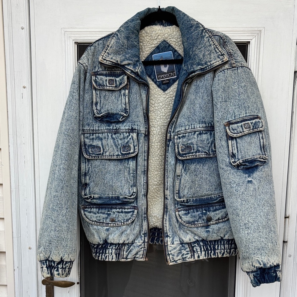 Sasson Men’s Blue Denim Bomber Multi Pockets Fleece Lining 80’s Jacket-L